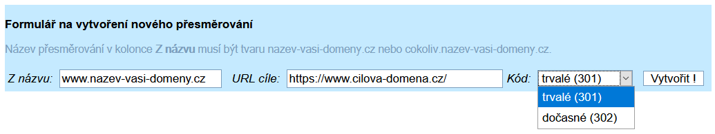 Formulář pro přesměrování webů