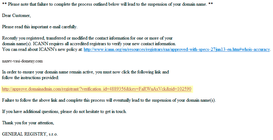 Ukázka verifikačního e-mailu