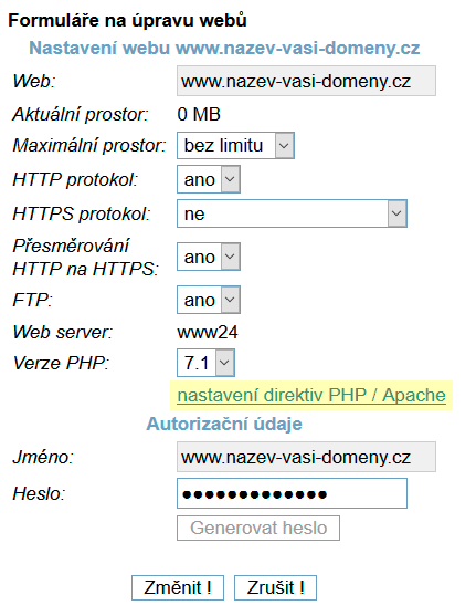 Odkaz na nastavení direktiv PHP / Apache