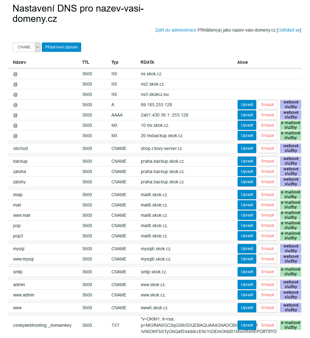 Přehled DNS s rozpisem, jaký záznam se týká jaké služby