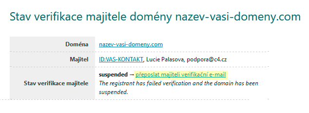 Stav verifikace majitele nadnárodní domény - suspended