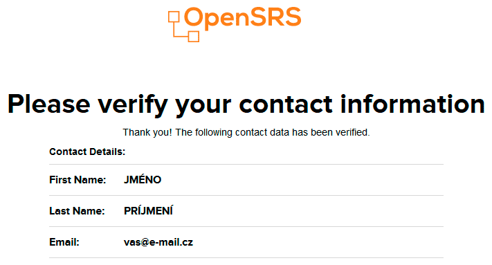 Kontaktní e-mail byl zverifikován
