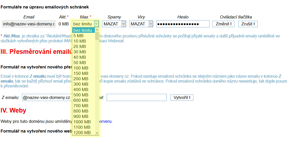 Nastavení kapacity e-mailových schránek