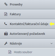 Položka Kontaktní/fakturační údaje